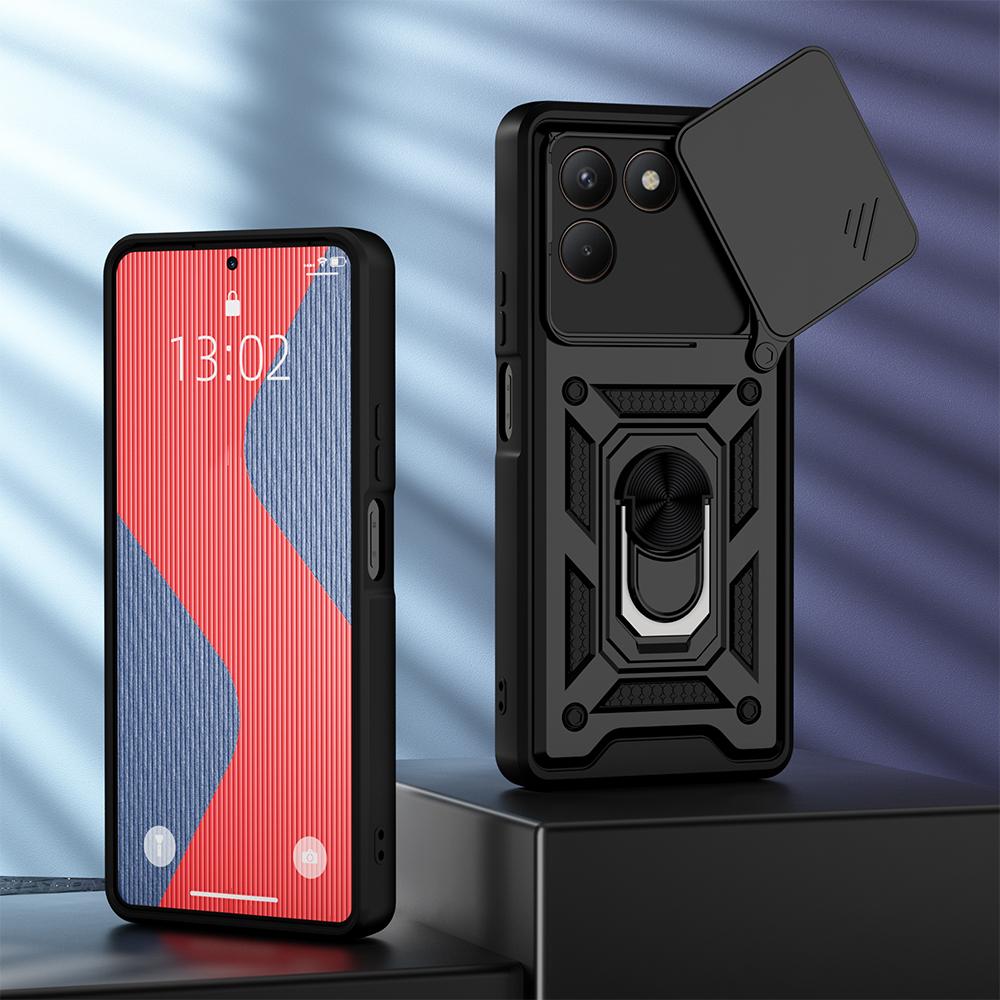 KEYSION Shockproof Armor Case for TECNO POVA 7 4G Slide Camera Lens Protection Metal Ring Stand Phone Back Cover for TECNO Pova7