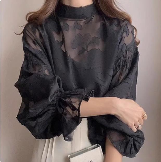 Women's Floral Jacquard Sheer Stand Collar Puff 3/4 Sleeve Oversized Casual Blouse Loose Chiffon Shirt Top