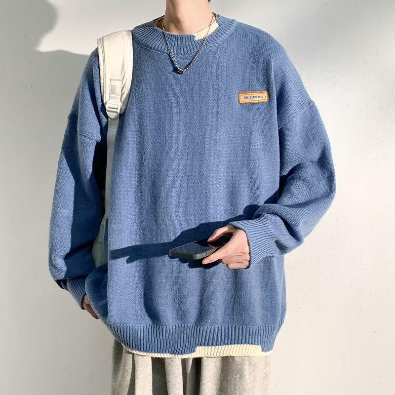 Hong Kong Style Men's Winter Fake Two-Piece Round Neck Sweater - Thick, Loose, Warm Knitwear