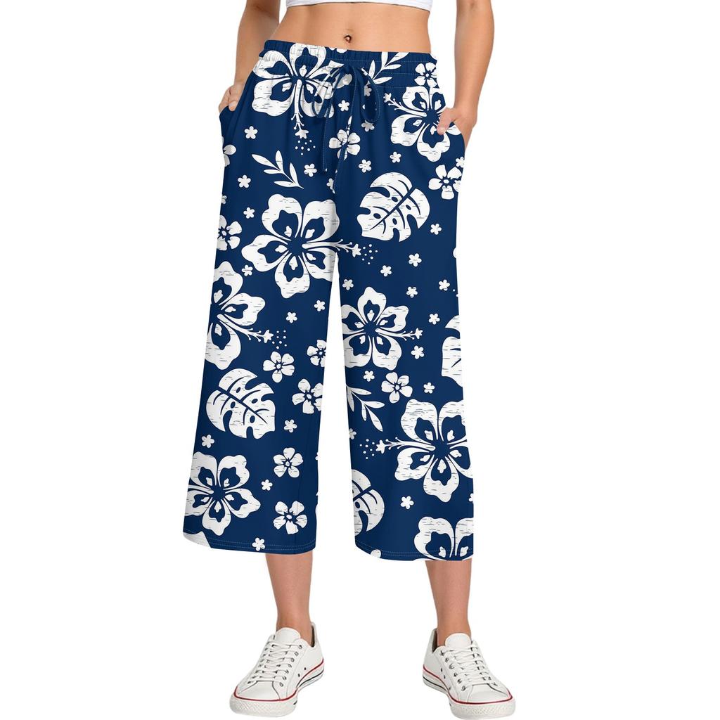 Damen Sommer Hohe Taille Bedruckte Freizeit-Sportbekleidung Lässige Cropped-Hose Weite Hose