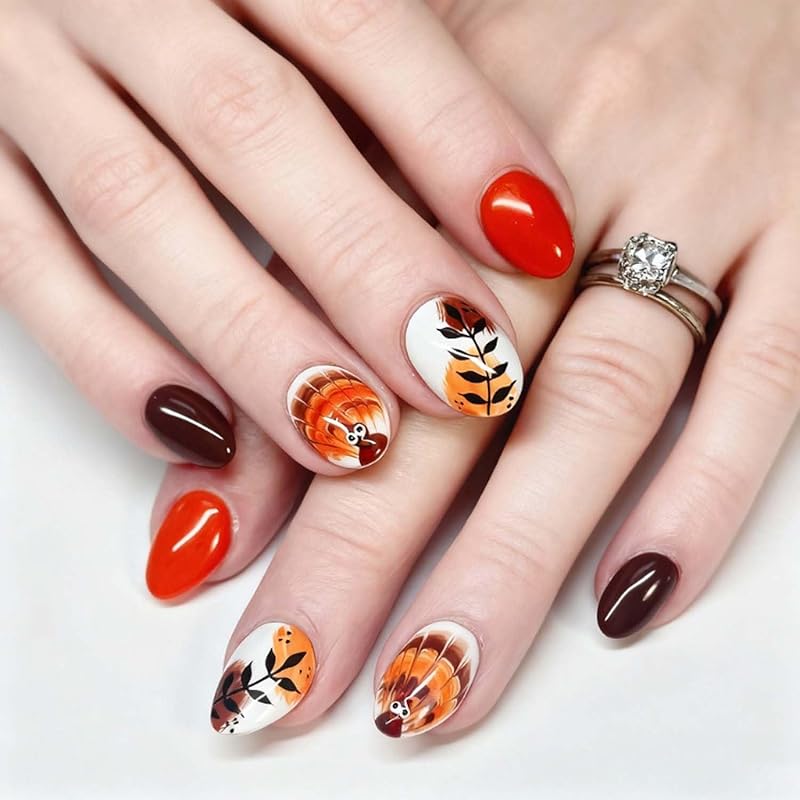 30pcs Thanksgiving Press on Nails Round Head Fake Nails Fall Cute Turkey Leave False Nail Short Glue on Nails with Colored Turkey Design Glossy