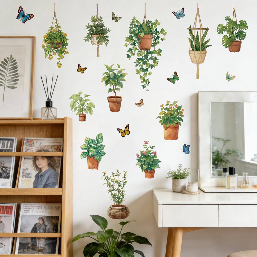 Green Plant Leaf and Butterfly Wall Decals, Peel and Stick Removable Stickers for Bedroom Living Room Sofa Wall Decor