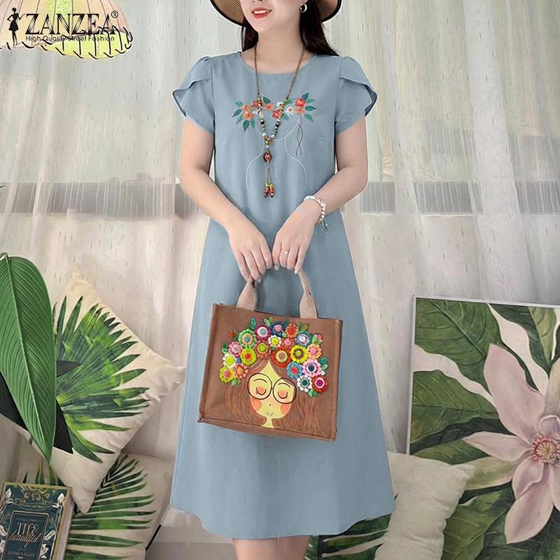 ZANZEA Women Casual Round Neck Short Sleeve Print Dress