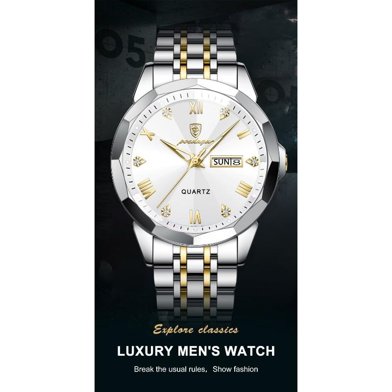 POEDAGAR Orologio da uomo di lusso originale impermeabile luminoso con data settimana acciaio inossidabile quarzo moda