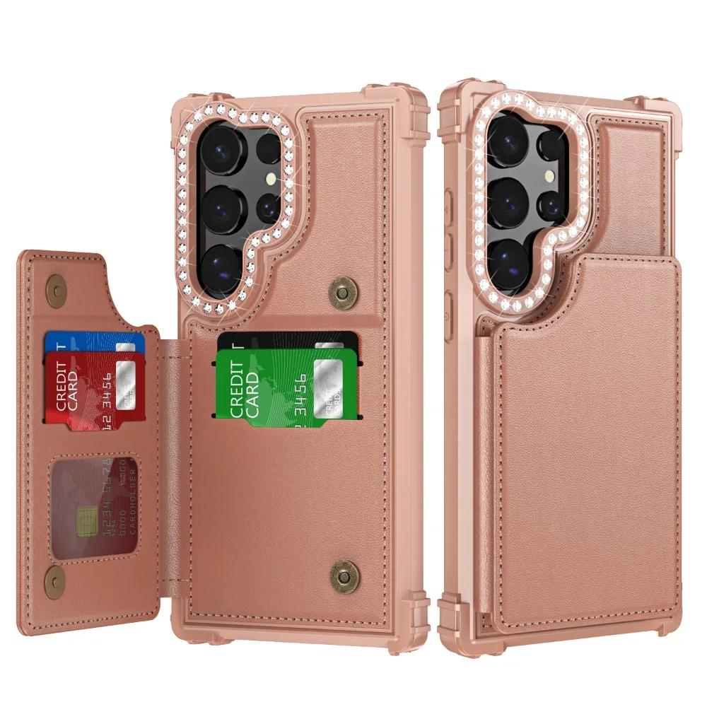Luxury Glitter Bling Card Slot Holder Wallet Flip Phone Case for Samsung Galaxy S24 Ultra Plus Purse Kickstand PU Leather Cover