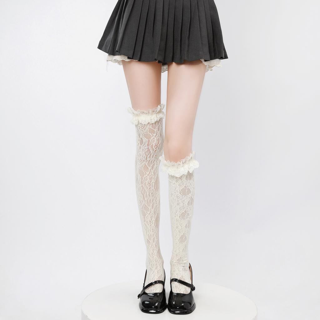 Summer Lolita style lace over-the-knee socks with jacquard hollow mesh design Lolita Girl's Lolita Short Socks