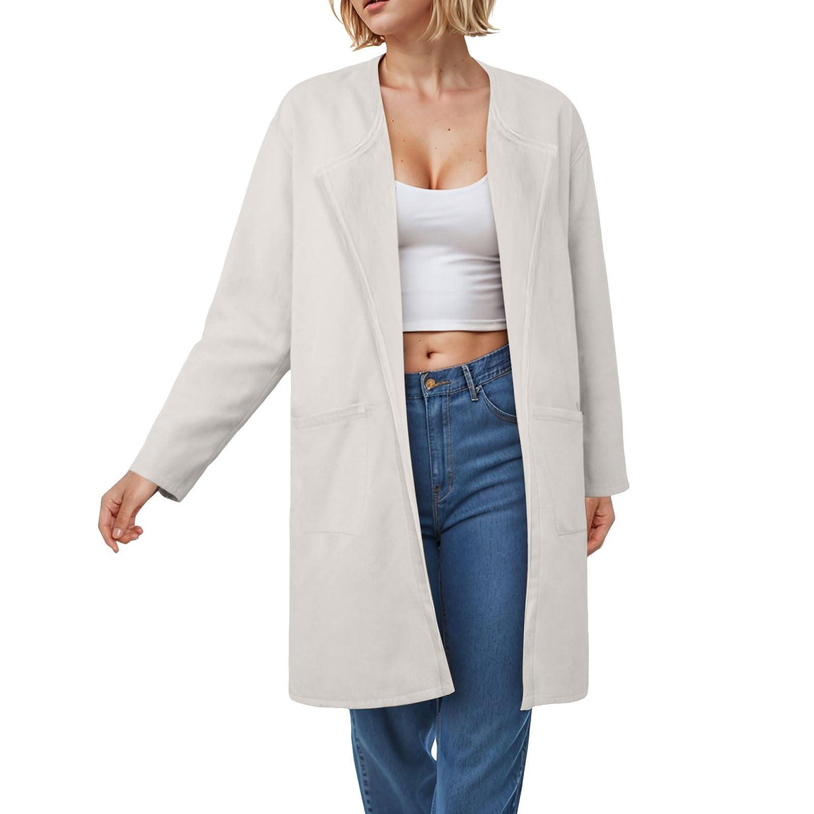 

Женский однотонный кардиган с лацканами, твидовое хлопковое пальто, куртка с длинными рукавами и карманом XL белый