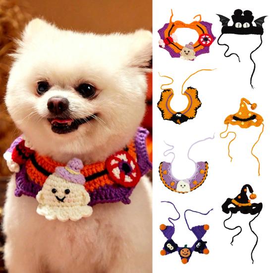 Clothing Halloween Pet Costume for Cats Small Dogs, Handmade Crochet Witch Hat Bib Puppy Party Accessories Collar, Adjustable Holiday Dog Cat