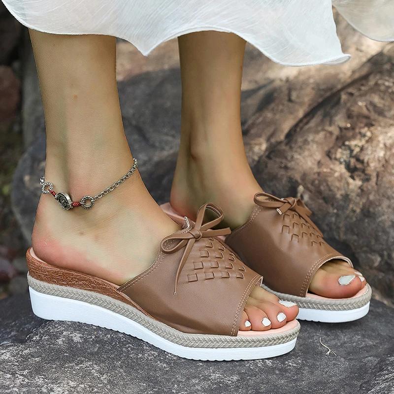 Fashion Fashion Bowtie Wedges Sandals for Women Summer 2025 Lightweight Non Slip Beach Shoes Woman Casual PU Leather Platform Slippers