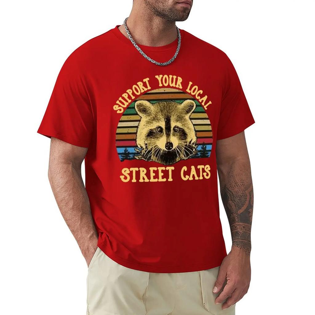 Raccoon Support Your Local Street Cats Vintage Men T-Shirt Black Cotton Unisex Loose Fit TEE Shirt