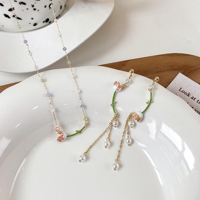 Colorful Crystal Bead & Pearl Tulip Necklace with Tassel Earrings Set
