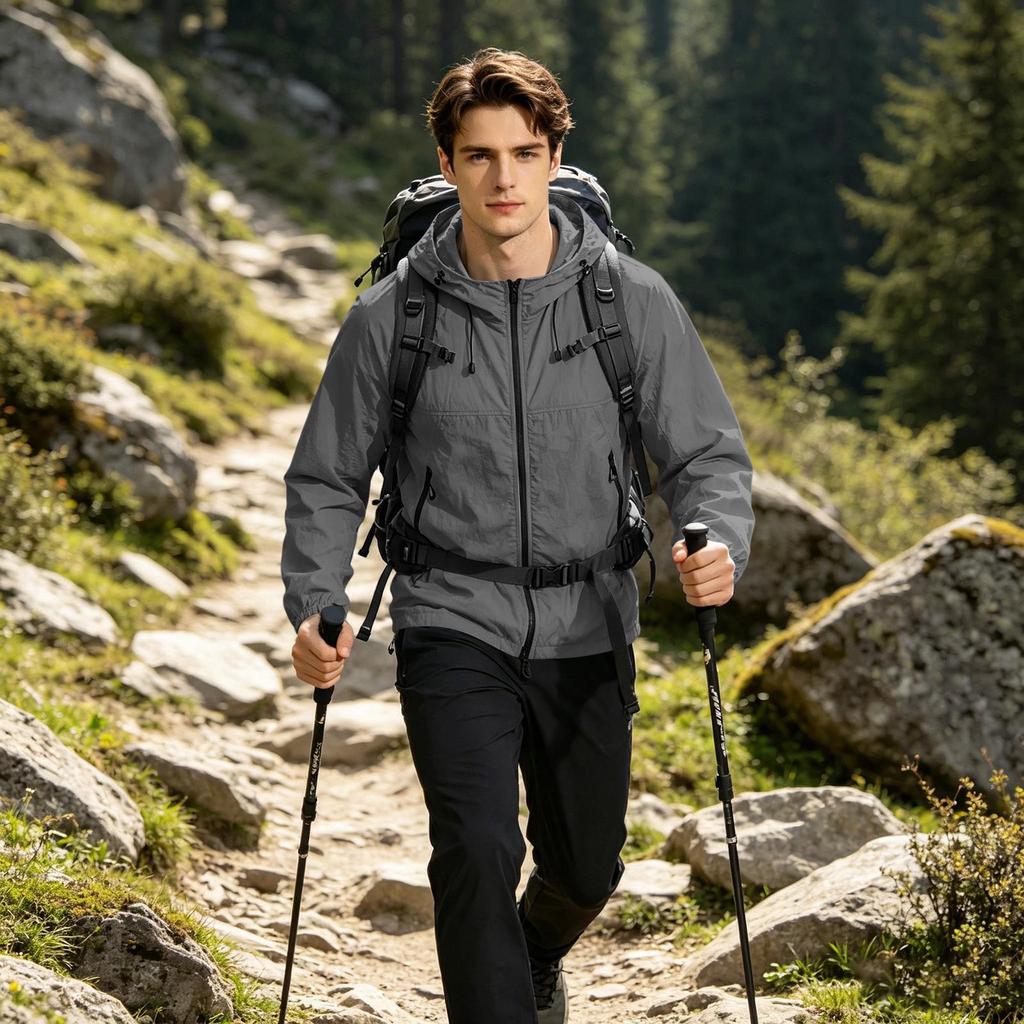 Men's Lightweight Hooded Sun Protection Jacket UV Resistant Outdoor Windbreaker with Zipper Pockets and Adjustable Drawstrings for Travel