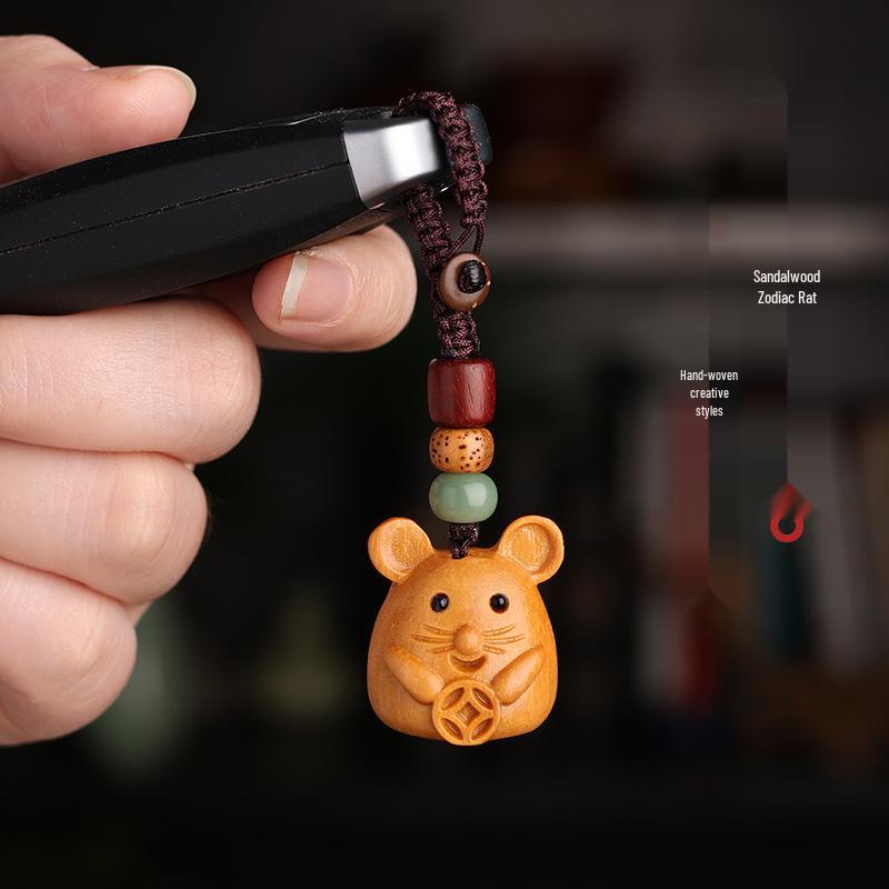 Sandalwood Zodiac Keychain Charm for Men & Women - Cute Mouse Pendant for Keys & Phones