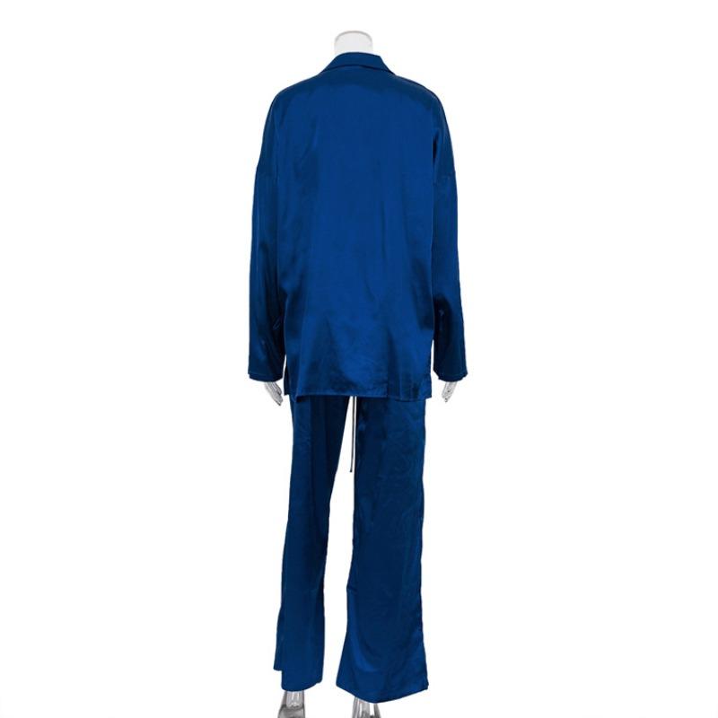 Fashion Loose Blue Satin 2 Piece Sets Women Outfit 2026 Spring Elegant Long Sleeve Lace Up Shirt with High Waist Wide Pants Set Female