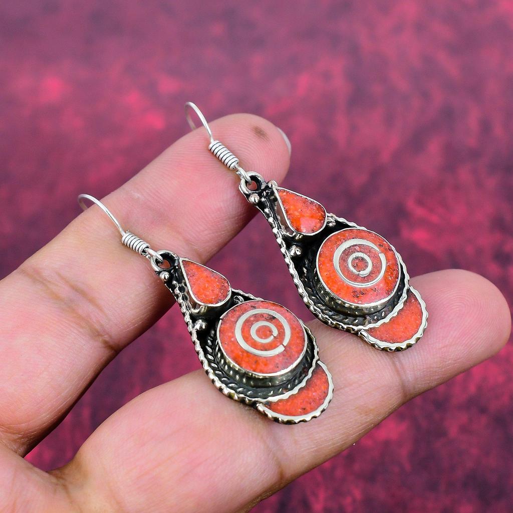 Koralle 925 Massiv Sterlingsilber Nepalesische Ohrringe, Handgefertigte Edelstein-Ohrringe Schmuck, Geschenke für Ehefrau Brandneue Ohrringe