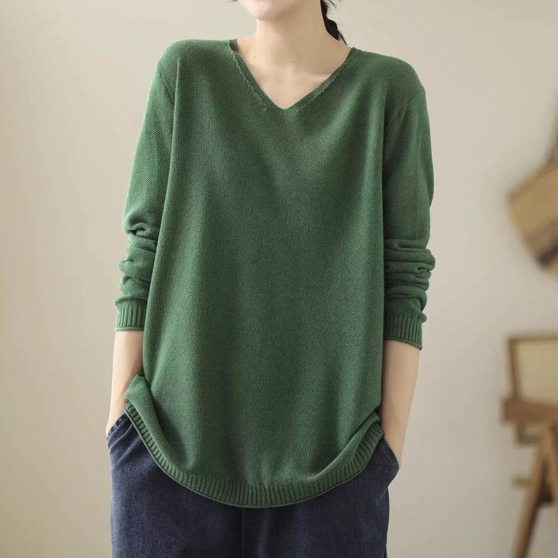 Top for Women Autumn Winter Large Size Loose Long Sleeve Knit Pullover V-Neck Loose-Fit Sweaters Top