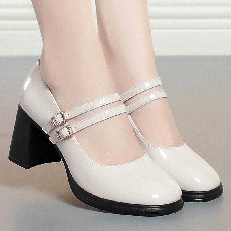 Autumn Cowhide Patent Leather Women High Heeled Shoes Fashion Elegant Trend Shoes Black White Non-slip Thick Heels Gentle Simple