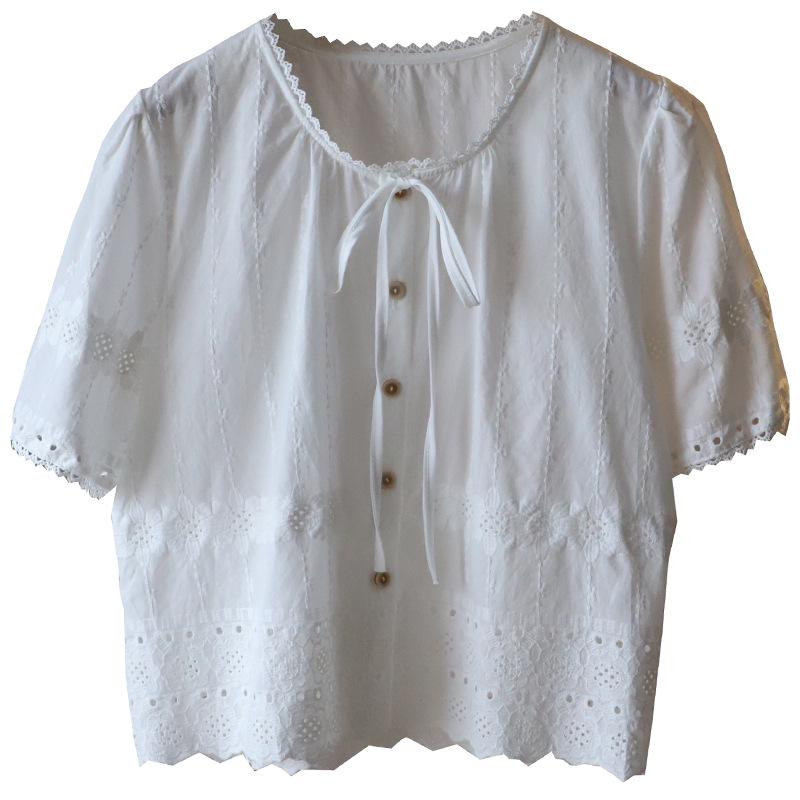 2025 Summer Korean Round Neck Tie-Up Embroidered Cutout Short Sleeve Women's Top