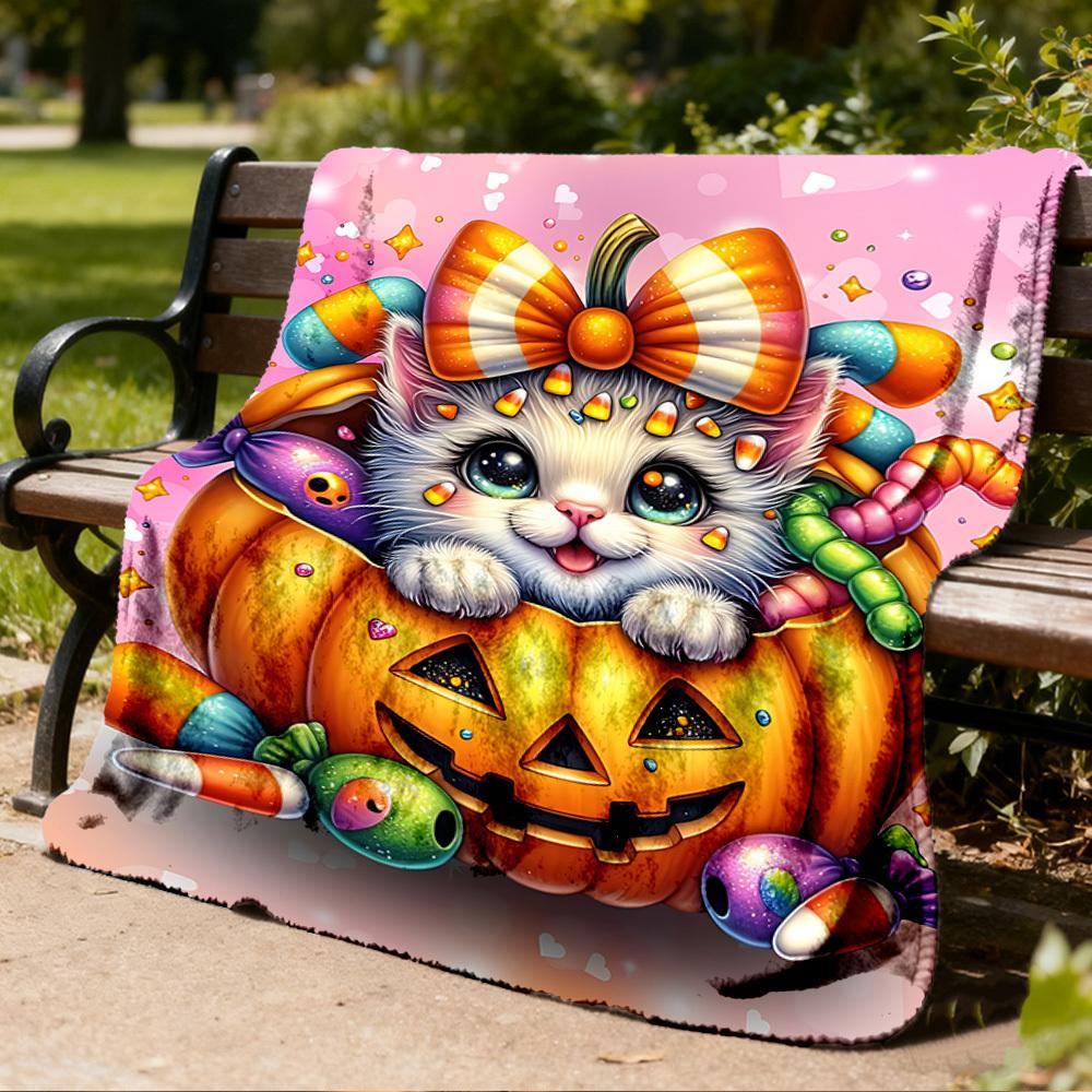 1pc Pumpkin Cat Candy Throw Blanket Polyester Fiber, Lightweight Flannel, Soft & Warm, All Season Use for Outdoor, Camping Digital Print