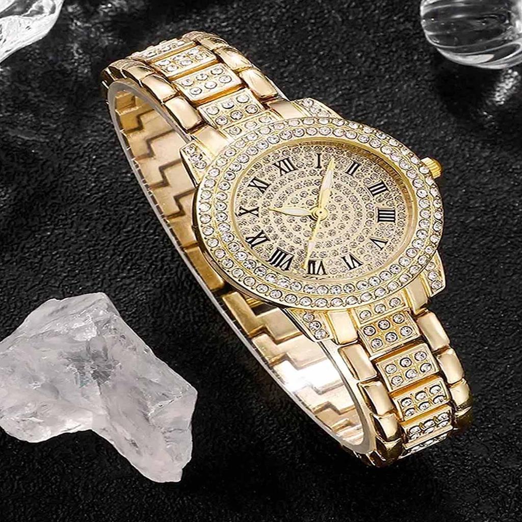 1pc-Ladies' Diamond Inlaid Quartz Watch, Rose Gold Roman Numeral Full Diamond, Niche Style
