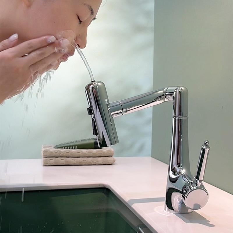 Basin Faucet Hot and Cold Bathroom Sink Multi-Mode Water Outlet Mechanical Arm Rotating Wash Basin Faucet