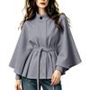 Women's Color Stand Collar Wool Cape Coat with Belted Waist and Long Sleeves