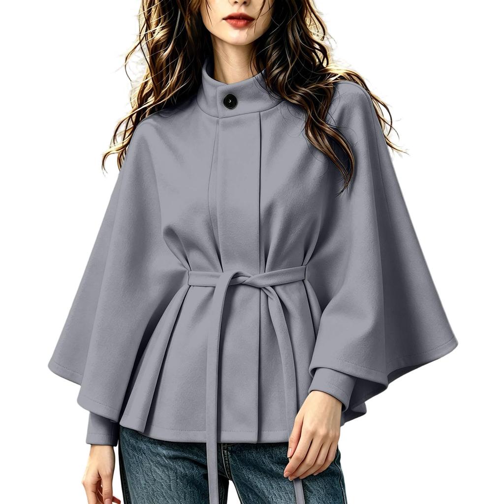 Women's Color Stand Collar Wool Cape Coat with Belted Waist and Long Sleeves