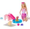 Barbie Puppe Hunde am Pool Set: moderne Puppe, 2 Hundefiguren JBF35