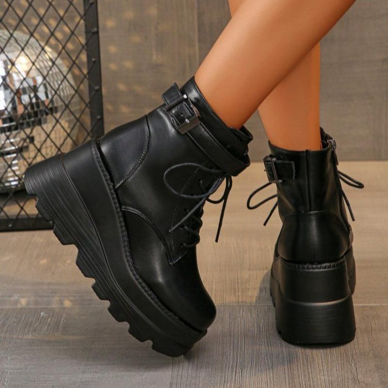 Large size Martin boots autumn and winter new European and American square head side zipper thick bottom slope heel casual fashion boots