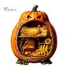 Indoor Halloween Ornaments Centerpiece Pumpkin, Wooden Pumpkin Ornament with Miniature Scenes, Rustic Unique Table Centerpieces Skeleton for Farmhouse