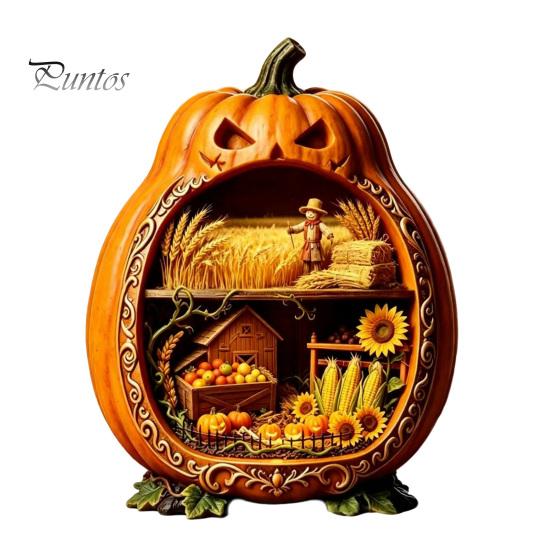 Indoor Halloween Ornaments Centerpiece Pumpkin, Wooden Pumpkin Ornament with Miniature Scenes, Rustic Unique Table Centerpieces Skeleton for Farmhouse