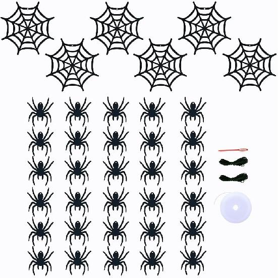 30 PCS Black Spider Ornament Felt Hanging Spider Web Halloween Decorations Bulk for House Home Decorations
