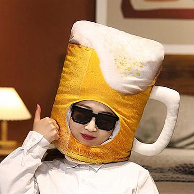 Plush Beer Mug Hat Plush Funny Cup Yellow Beer Plush Hat Toy Cartoon Full Headgear Caps Cosplay Costume Party Photo Props
