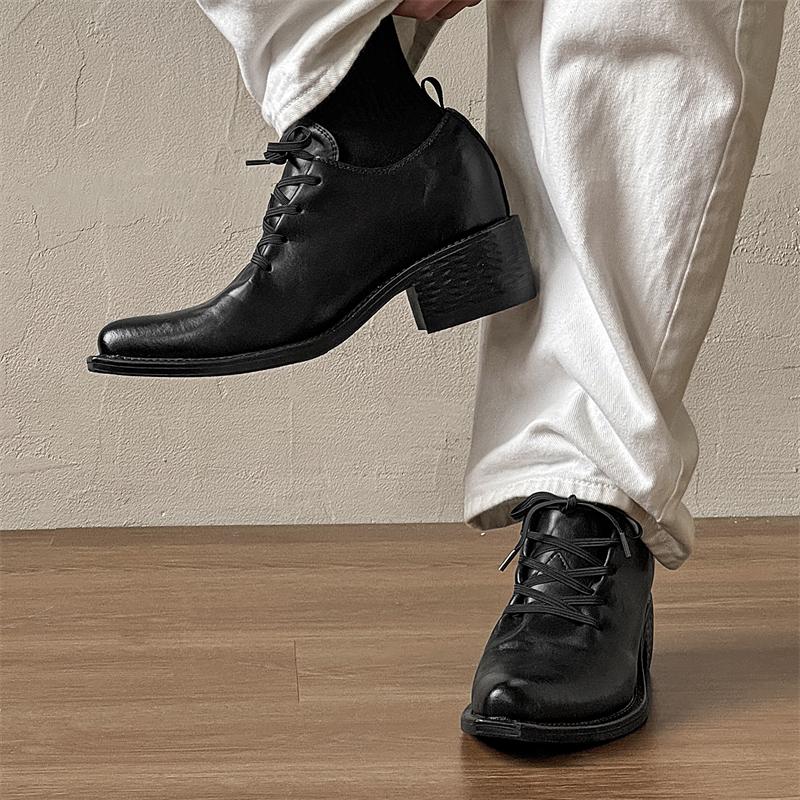 Fashion Black Derby Men's Leather Shoes Classic Luxury Designer Style Dance and Party Trendy Adult Thick Soled Shoes Couple Black