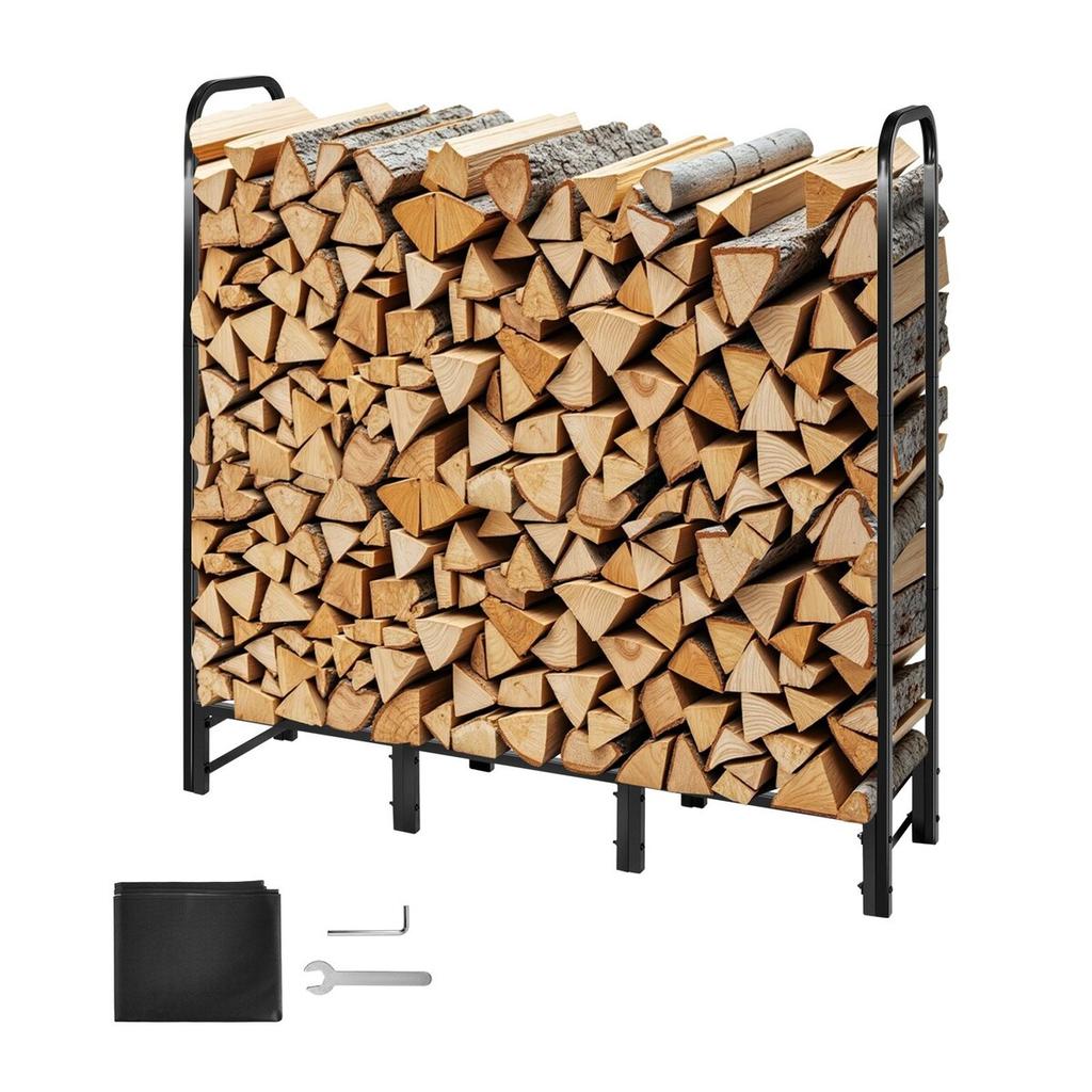 Firewood Rack with Waterproof Cover, 1.22m Outdoor Firewood Holder, 1/4 Cord Storage Metal Log Holder, 400lb Max Weight Capacity, Top Covered,
