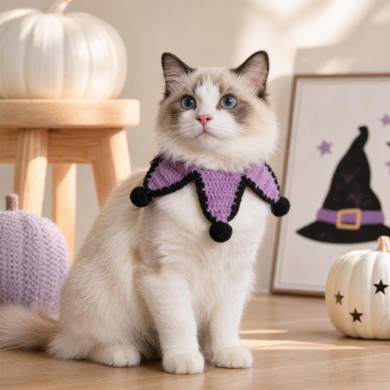 Five-pointed Star Pet Bib Knitted Bib, Handmade Shape Cat Crochet Small Dog with Black Pom-poms for Cats Dogs Halloween Outfit Non-tightening Collar