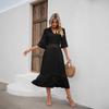 Spring Summer New Women's Solid Color V-neck Loose Short Sleeve Cutout Casual Dress Leisure Trade