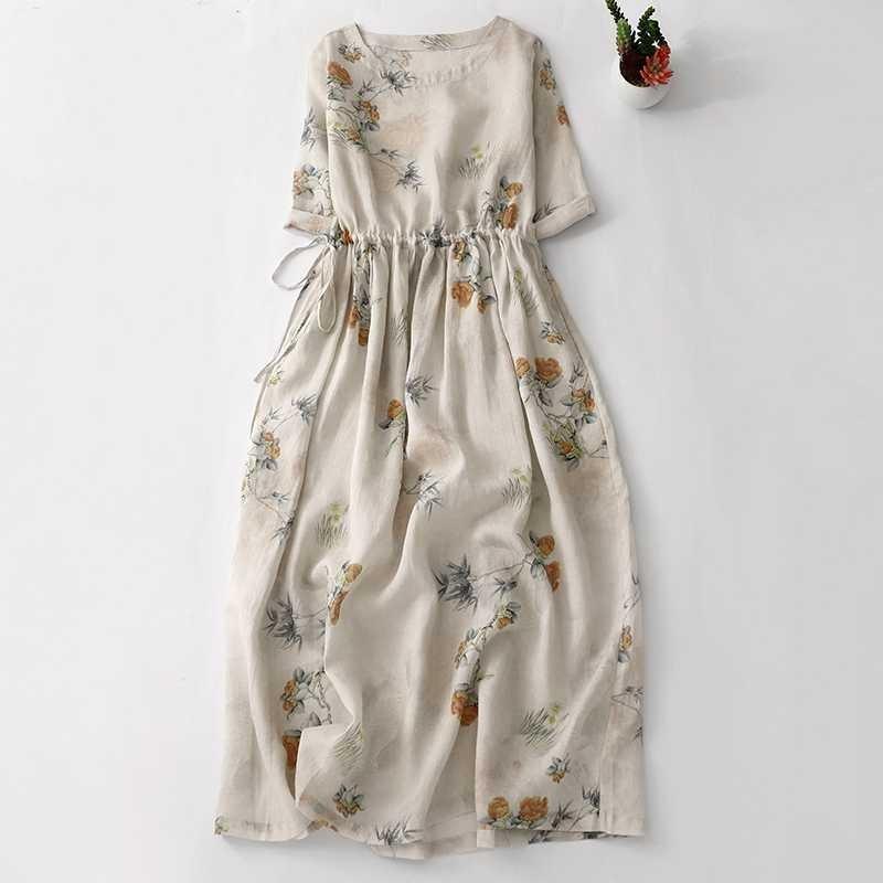 

Real Summer New Ramie Printing Dress Vacation Travel Waist Thin Knee Dress Fairy 2XL