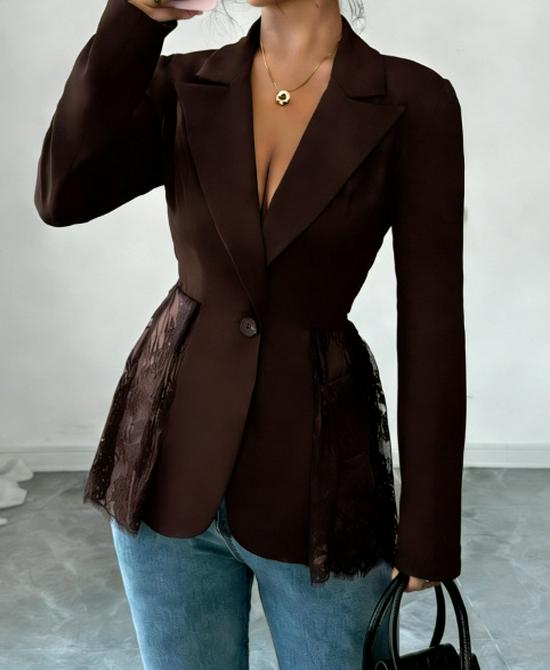 2026 Spring/Autumn Color Block Lace Waist Slimming A-line Women's Suit Jacket