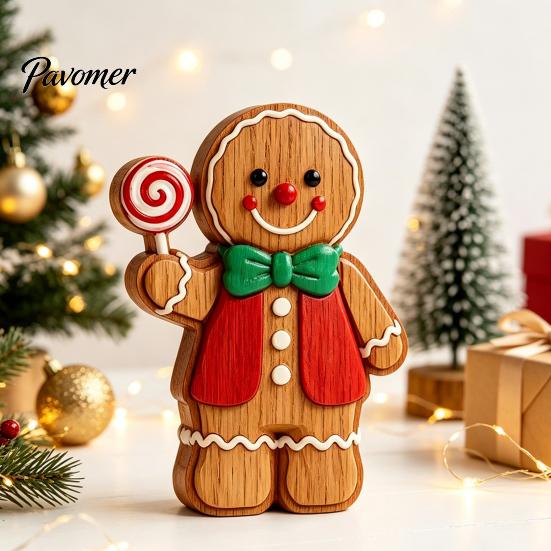 Seasonal Decorative Figures Christmas Gingerbread Man Ornament, Hand Painted Vintage Wooden Tabletop Cute Decor Figurine, Rustic Holiday for