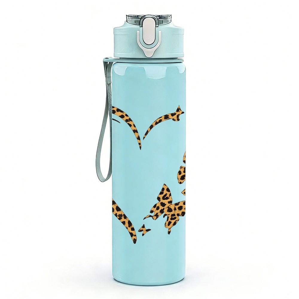 1PC Leopard Print Outline Heart 750ml Color Plastic Sports Water Bottle Leakproof Flip Straw Lid Suitable for Sports Office Home Use