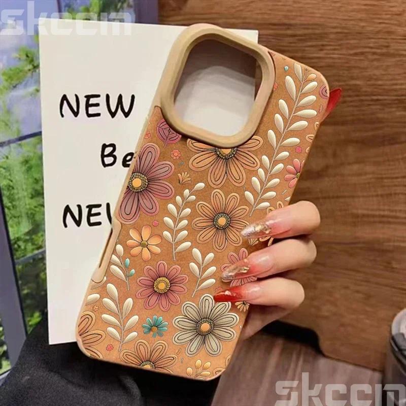 Line Flower Sunflower Bonded Leather Phone Case For iPhone 16 15 14 13 12 11 Pro XS Max XR X 15 Plus 16 Pro Max Matte Back Cover