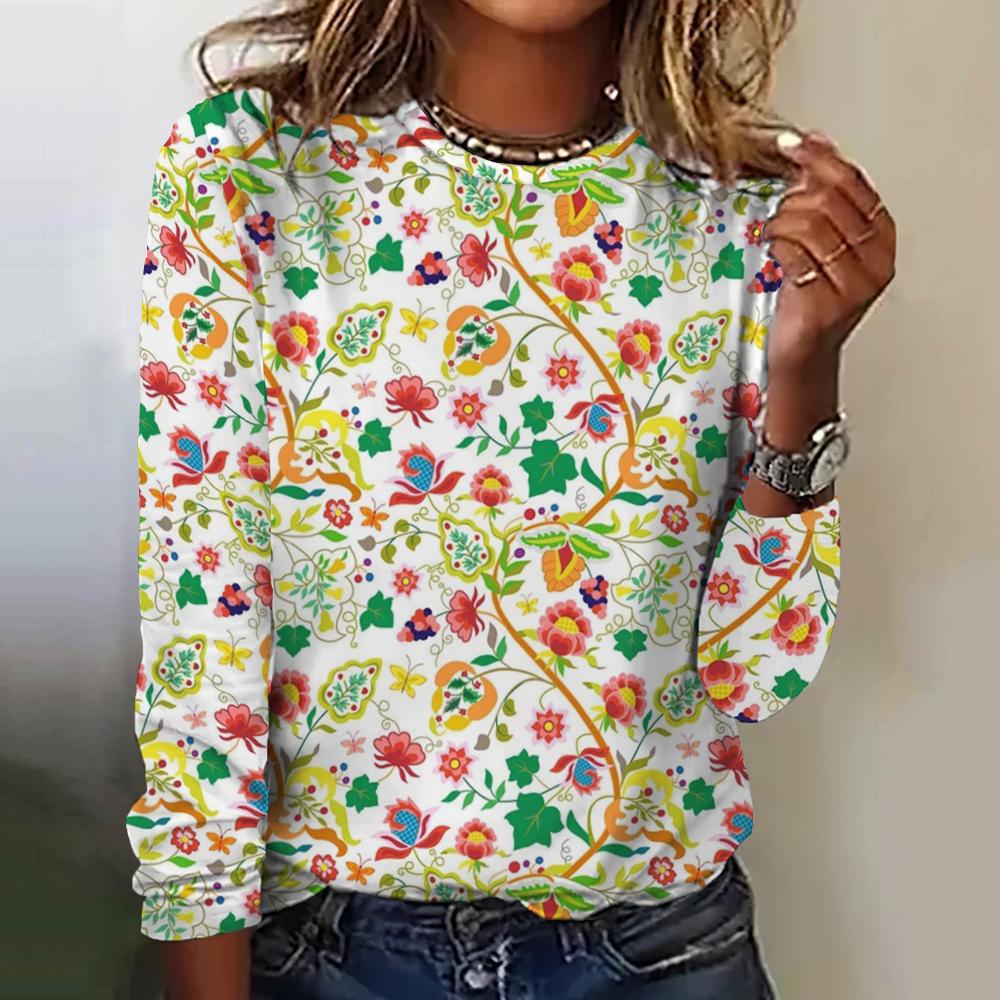 Retro flower 3D printed women's round neck long sleeved T-shirt