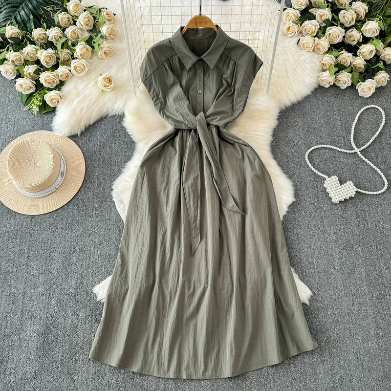 

Summer Elegant Adult Lady like Woman Single-Breasted Lace up Dress Green All yards