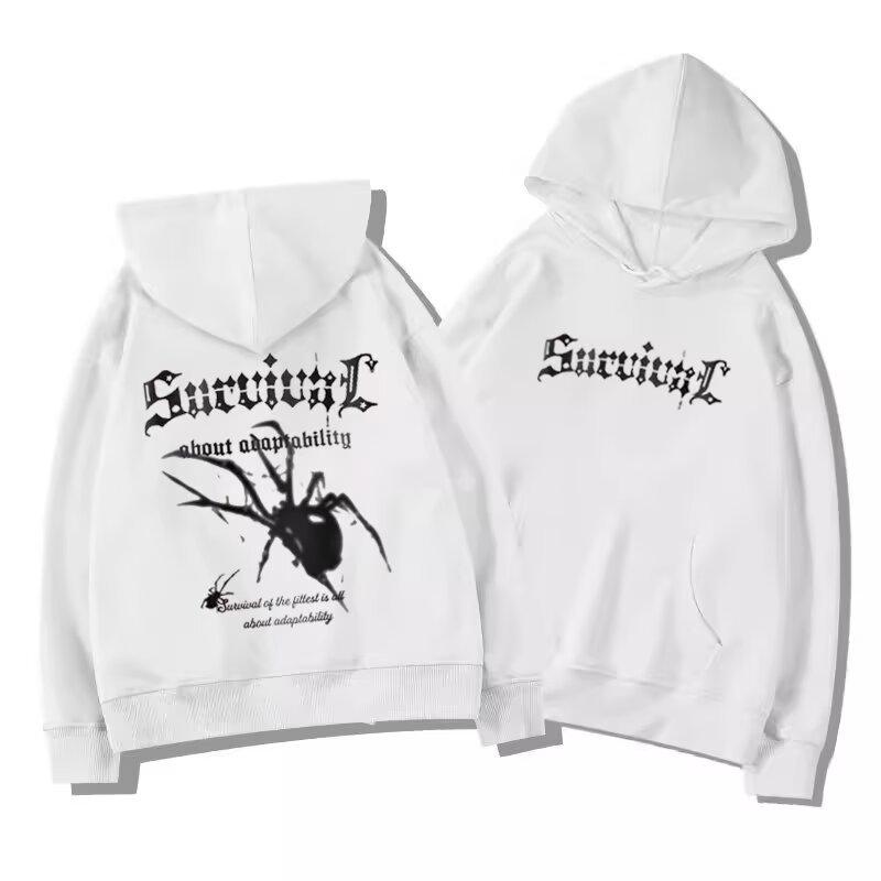

Men s American Retro Spider Fleece Hoodie - Trendy Autumn/Winter Hip Hop Style. 3209 White [Regular]