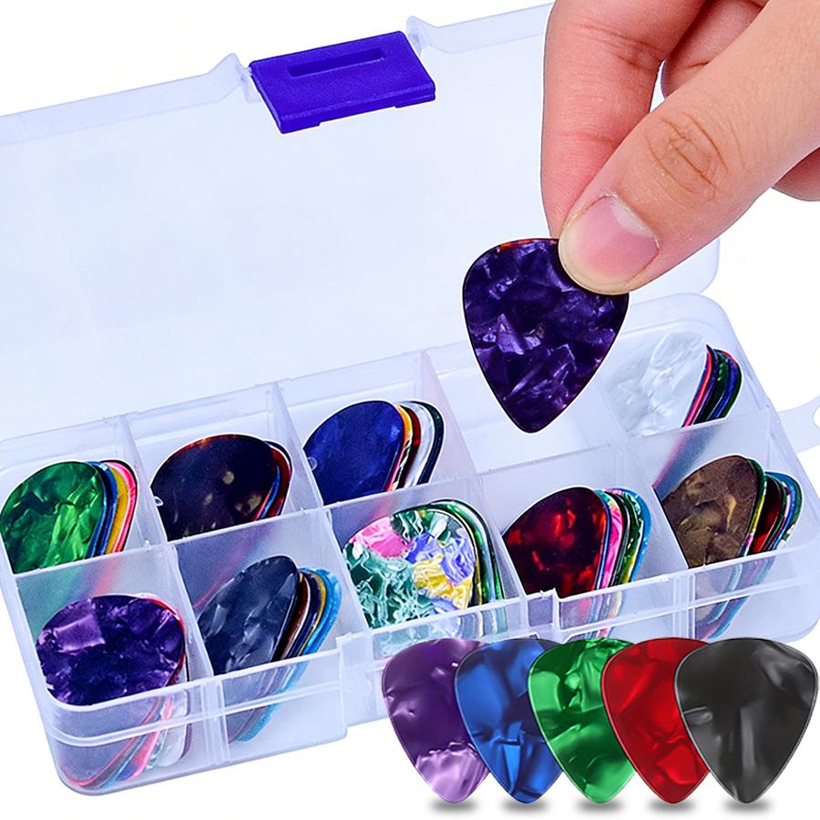 40pcs Colorful Celluloid Guitar with 1pc Storage Box Plectrums for Bass Guitars Variety Thickness Assorted Picks