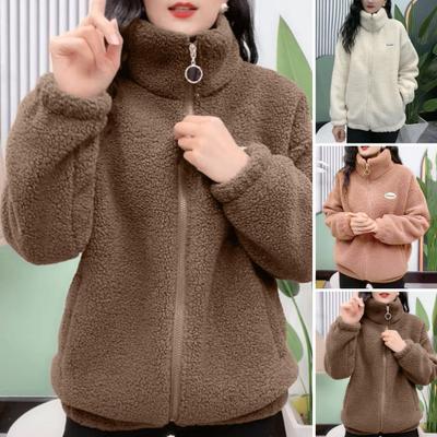 Women Winter Sherpa Coat Fuzzy Warm Solid Color Stand Collar Loose Fit Zipper Closure Dual Pocket Drop Shoulder Long Sleeves Ladies Female Coat