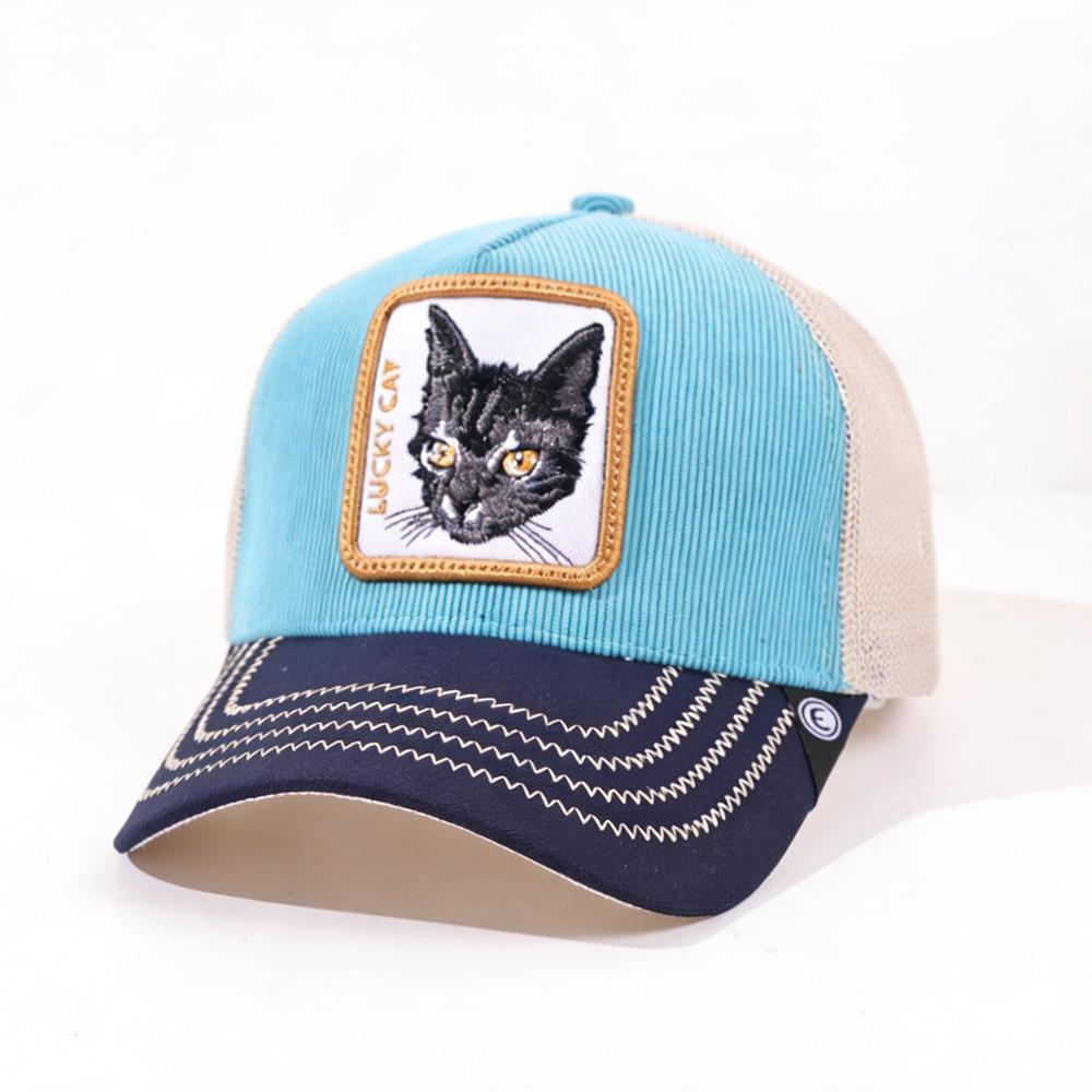 1PC Mesh Trucker Hat, Breathable, Embroidered Lucky Cat Patch, Color Block Streetwear