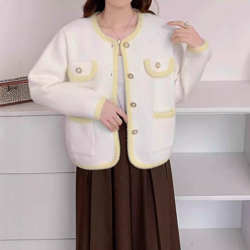 Temperament commuting imitation mink velvet knitted cardigan women's autumn and winter new contrasting color age-reducing sweater jacket