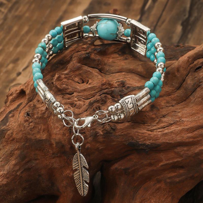 European Retro Bohemian Turquoise Leaf Bracelet - Versatile Ethnic Style Hand Jewelry for Women